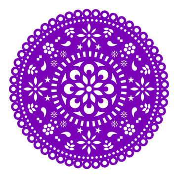Papel Picado vector floral template round design with flowers, Mexican party paper decorations pattern in purple