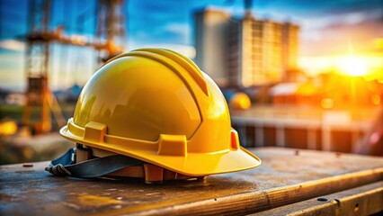 Construction Worker Safety Helmet, Yellow Hard Hat, Deep Depth of Field Stock Photo
