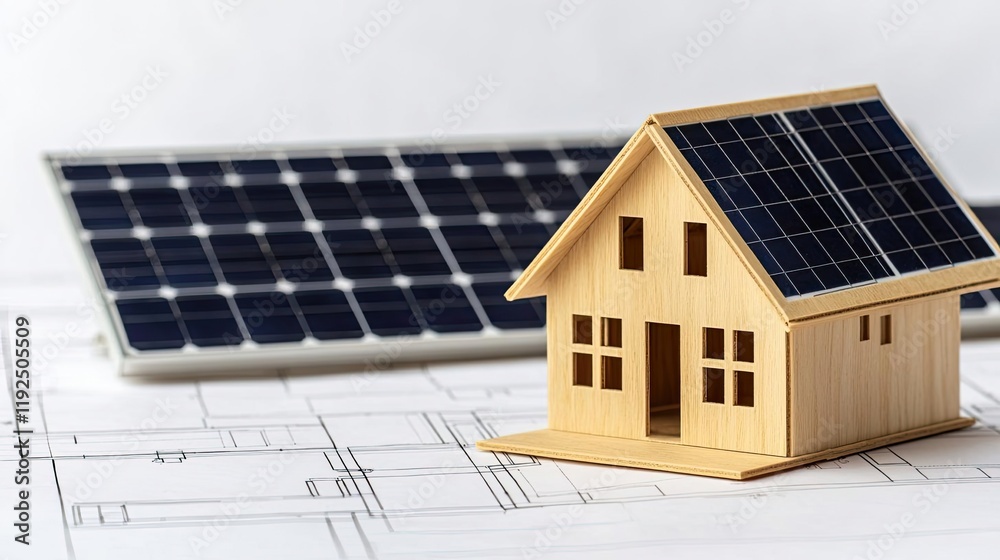 Poster architect blueprint idea. model house with solar panels on blueprint background, representing sustai