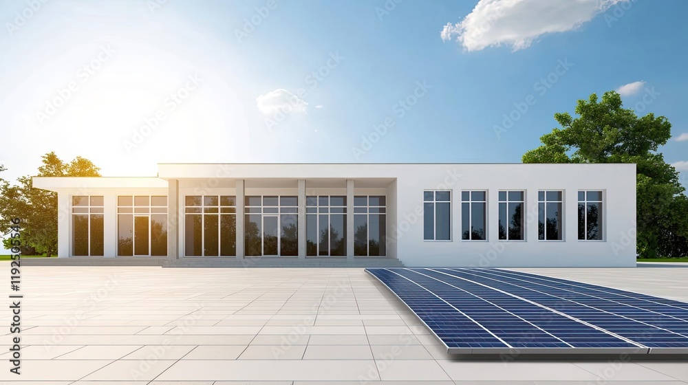 Poster architect blueprint idea. modern building featuring solar panels and expansive glass windows under a