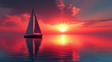 Sailboat Serenity, a minimal flat design depicting a sailboat gliding on tranquil waters during a vibrant sunset, evoking peace and calm.