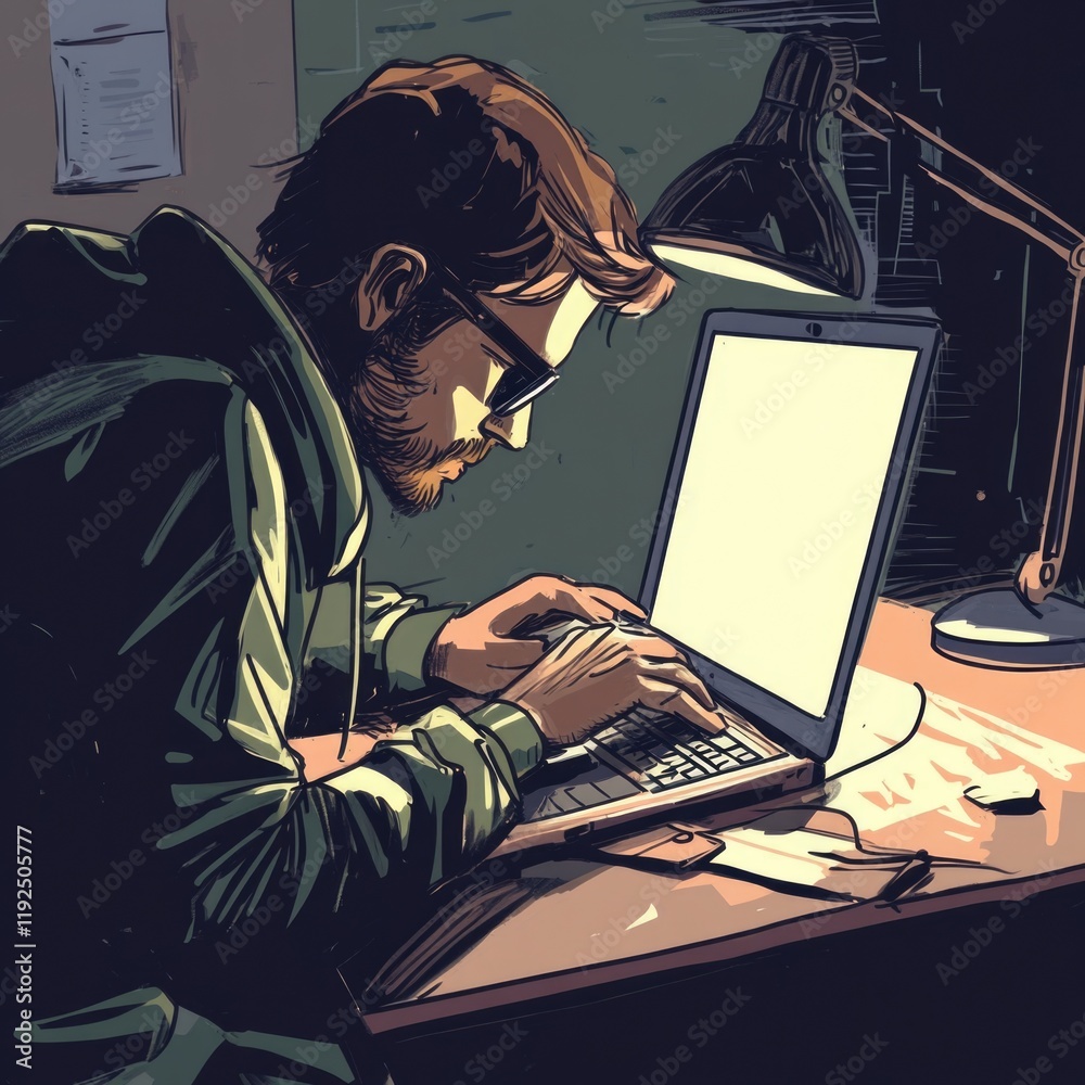 Poster a person sits at a desk using a laptop computer, possibly for work or personal projects