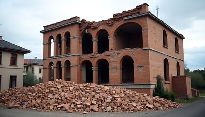 Obraz premium An old brick building with piles of rubble near it