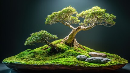 Serene Bonsai Tree in Mossy Landscape.