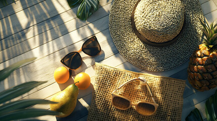 A chic flat lay of summer accessories, featuring sunglasses, a straw hat, and tropical fruits, all...