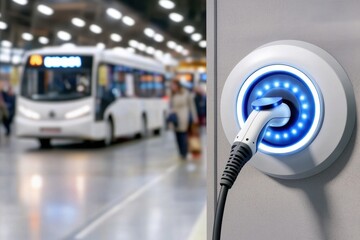 A close-up of an electric bus charging station, featuring a charging connector and illuminated indicator, with a bus visible in the background.