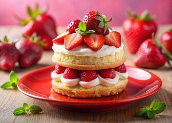 Delicious Strawberry Shortcake on Red Plate, Pink Background - High-Resolution Stock Photo