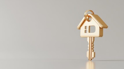 A key shaped like a house sits on a smooth surface, symbolizing home ownership and security in a minimalist setting.