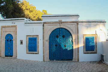 Blue door of traditional architecture of the coastal village of Sidi Bou Said in Tunisia in Africa