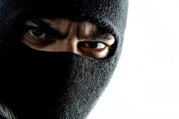 A person wearing a black mask and hood, possibly for anonymity or to hide their identity