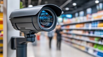 A surveillance camera in a store aisle focuses on products, emphasizing security in retail environments.