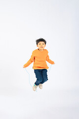 skipping rope, boy, elementary school student, japanese, asian, exercise, jump, full body, fly, energy, physical education, health, male, man, child, white background, casual, after school, school, ed