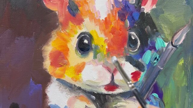 An artist in the studio painting a hamster. Oil paints on canvas. Painting with oil paints. A bright hamster. 
