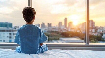 Fototapeta premium A child in a hospital gown gazes out the window at a sunset over the city skyline, evoking feelings of hope and contemplation.