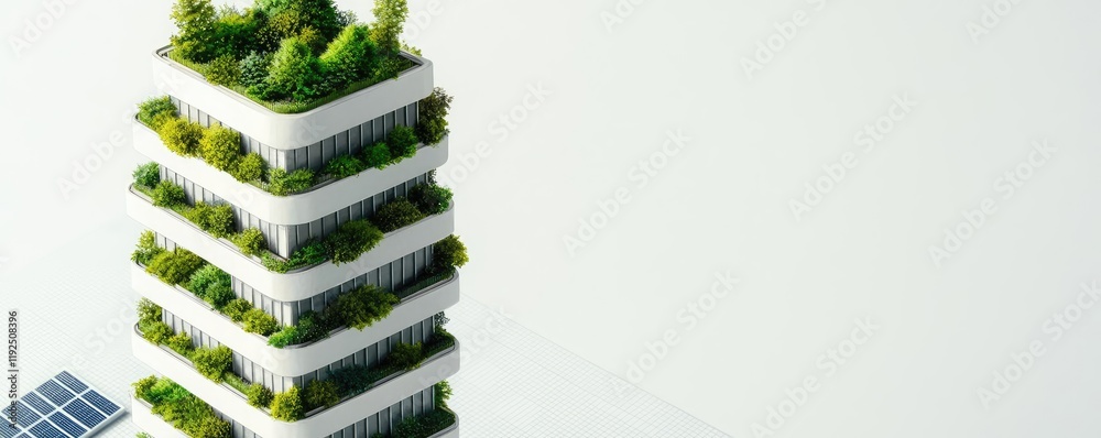 Poster architect sketching concept. a modern architectural design featuring a green building with terraces 