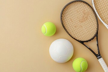 Tennis Rackets, Tennis Balls, and Soccer Ball on Beige Background