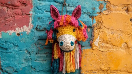 Obraz premium Colorful pinata stands against a vibrant yellow wall in a sunny outdoor setting
