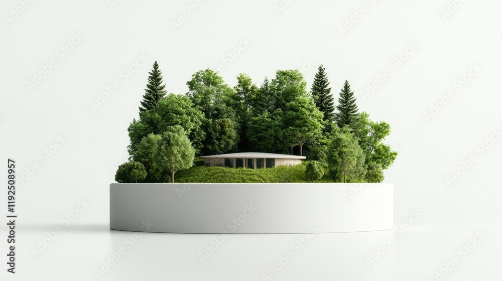 Poster architect sketching concept. modern house surrounded by lush greenery and tranquil forest scenery.
