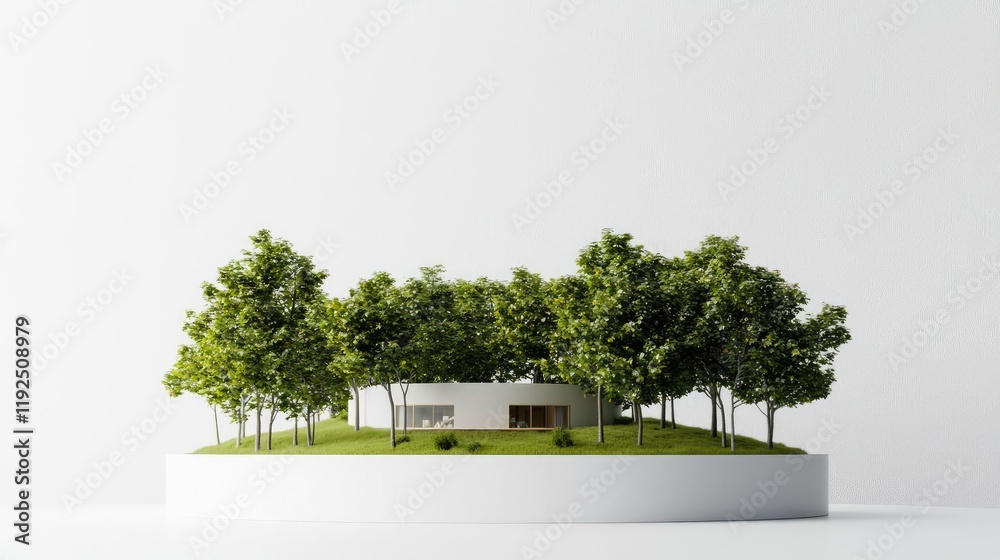 Aufkleber Architect sketching concept. Modern architectural model surrounded by lush greenery on a circular base.