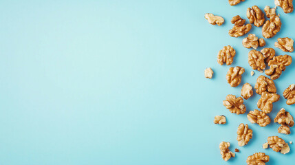 Walnuts, healthy food, nutrition, nuts on blue background