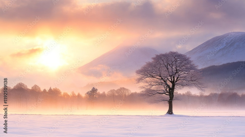 Wall mural Solitary snow-covered tree in a misty field at sunrise, with mountains in the background.