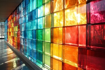 Vibrant glass wall displays a rainbow of colors in a modern indoor space