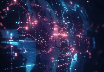 Abstract world map with glowing connections and global network concept on a dark background