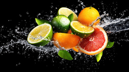 Citrus fruits splashing in water on black background, vibrant and refreshing