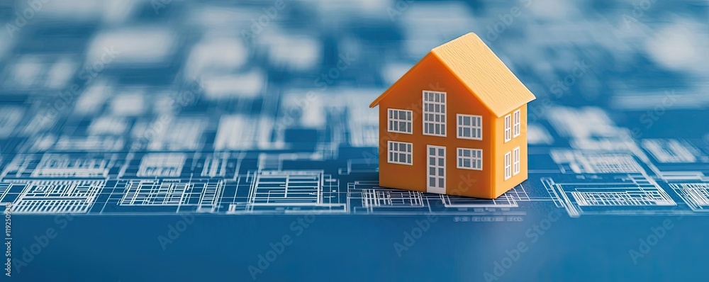 Poster Architect blueprint idea. Small orange house model placed on a blueprint background for architectural design.