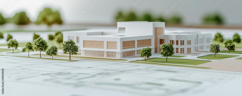 Poster Architect blueprint idea. A detailed architectural model showcasing modern building design and landscaping.