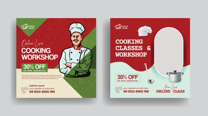 Restaurant chef job hiring, culinary training center and online cooking school class social media posts banner set, ads template or square flyer with chef flat illustration bundle design