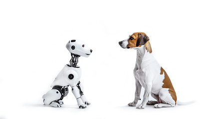 White robot dog and jack russell terrier dog sitting on white background with space for text and looking at each other. Dog and robot communication. Future technology concept, robot creation