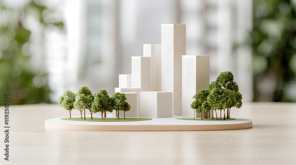 Poster architect project idea. a detailed architectural model showcasing modern buildings and lush greenery