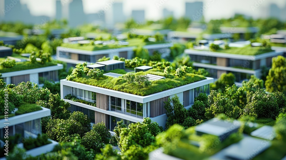 Poster architect blueprint idea. modern eco-friendly buildings with lush greenery on rooftops in a cityscap