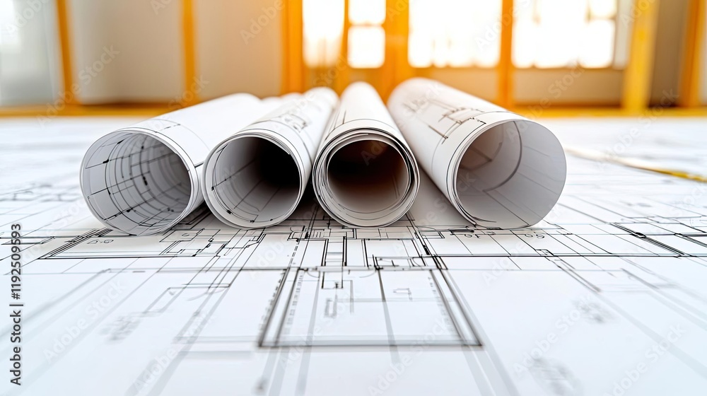Poster architect blueprint idea. architectural blueprints rolled up on a floor, showcasing detailed designs