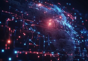 Abstract world map with glowing connections and global network concept on a dark background