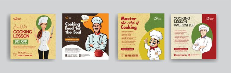 Restaurant chef job hiring, culinary training center and online cooking school class social media posts banner set, ads template or square flyer with chef flat illustration bundle design