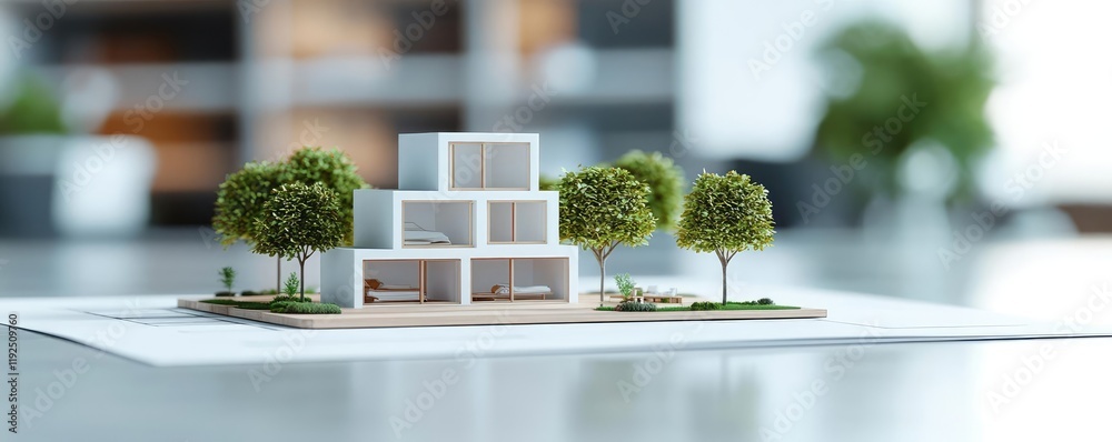 Poster architect blueprint idea. a detailed miniature architectural model showcasing modern design and gree