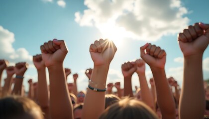 Fists raised up to the sky during a concert or political rally
