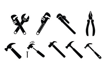 Household tools set. Tools for repair and construction. Black flat icons. Vector set isolated on white background.