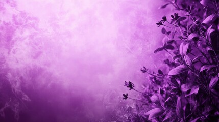 Fototapeta premium A vibrant purple background with soft textures, featuring dark purple leaves and delicate flowers on the right side.