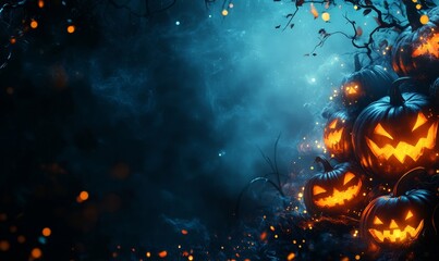 Obraz premium Halloween Theme Digital Background with Glowing Pumpkins, Generative AI