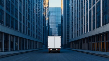 Obraz premium White Delivery Truck Driving Through Modern City Street