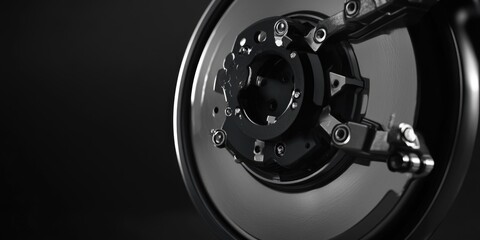 Fototapeta premium A close-up view of a motorcycle wheel on a dark, matte black background