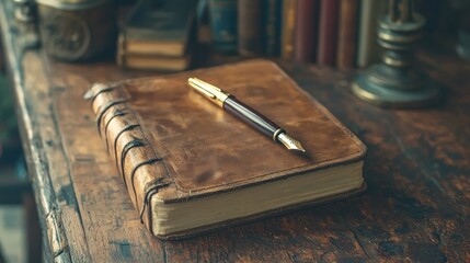 Leather journal and fountain pen on wooden desk.