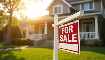 Suburban house for sale with "For Sale" sign in front