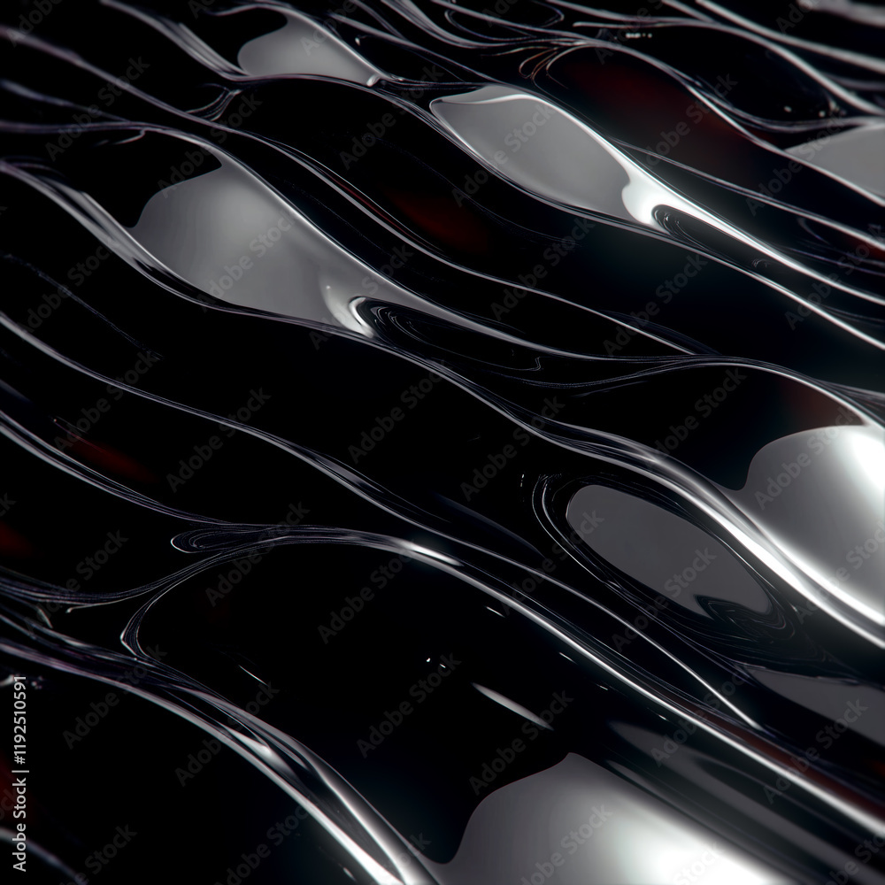 Poster Abstract black waves with a smooth glossy surface and soft shadows. The red highlights between the waves give the image a sensual dynamism and volume