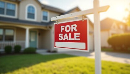 Suburban house for sale with "For Sale" sign in front