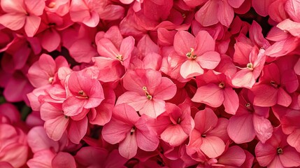 Vibrant clusters of pink hydrangea flowers in full bloom, showcasing delicate petals and subtle highlights against a lush green backdrop.