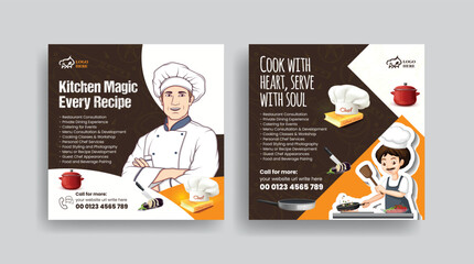 Set of online cooking class and chef job hiring social media posts banner, ads template, culinary training center social media banner or square flyer with chef flat illustration design